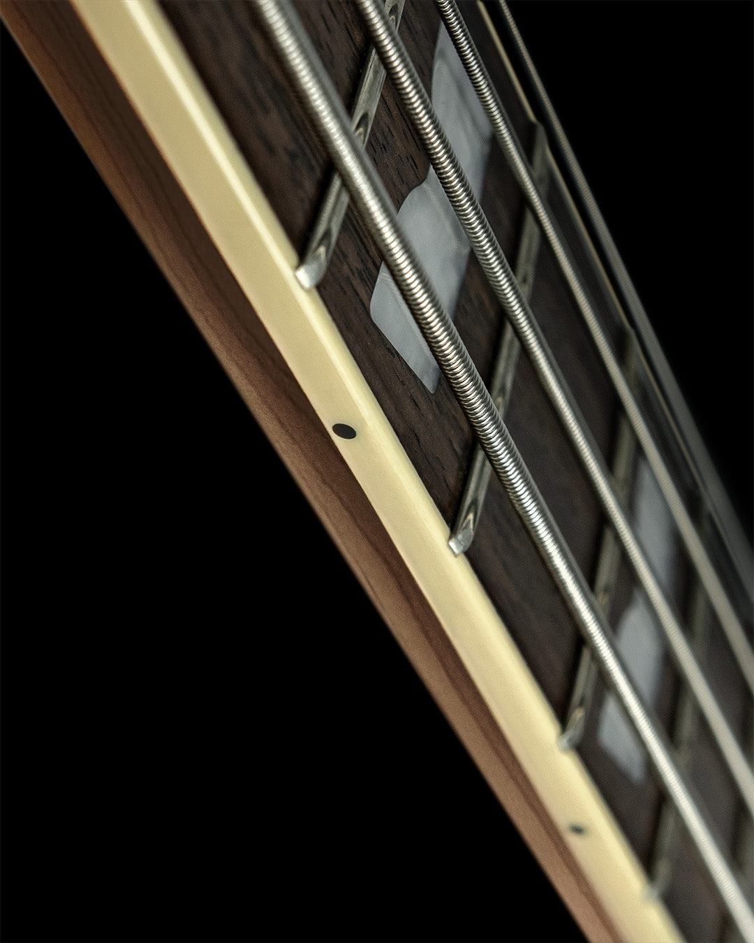 close-up of bass guitar fretboard on a dark background