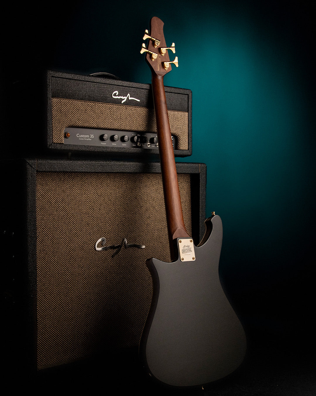 Electric Nidhogg bass guitar and amplifier against a dark background