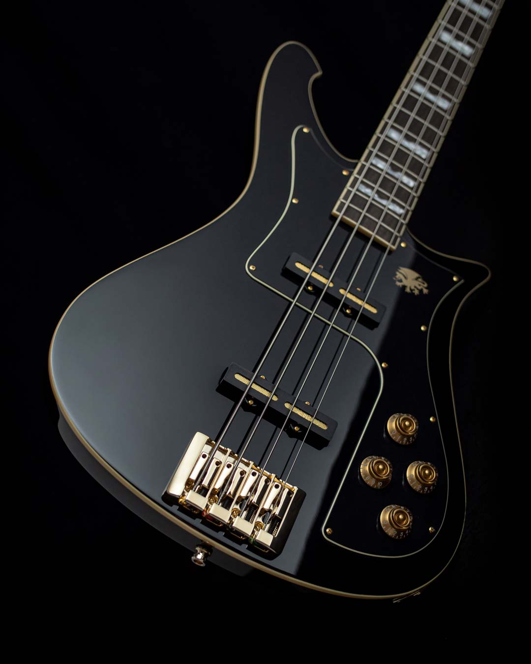 Nidhogg bass guitar in pure black on black background from an angle
